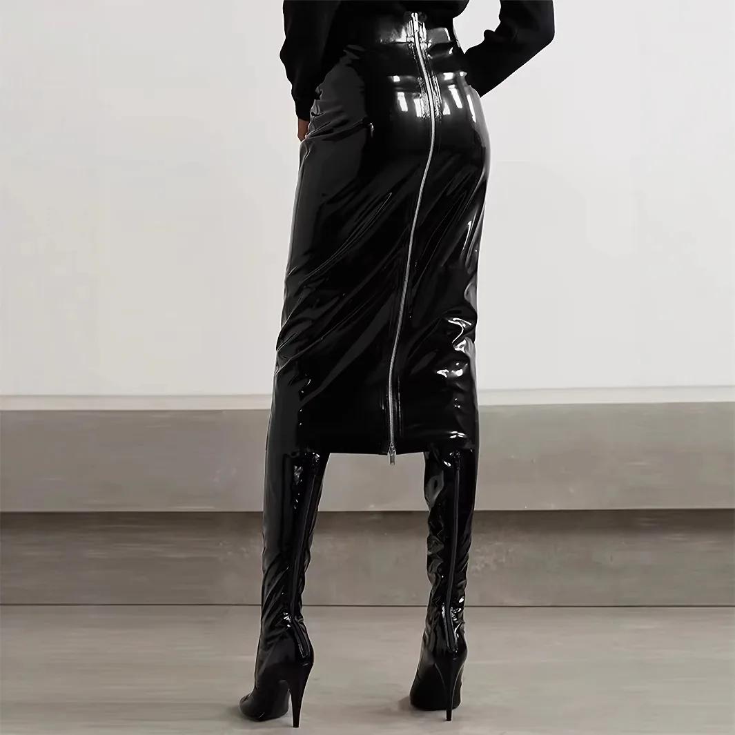 Elegant Long PU Leather Skirt Mirror Surface Cross-Border Women's Fashion Bunny Fur Skirt Wrap around Skirt Youth Size