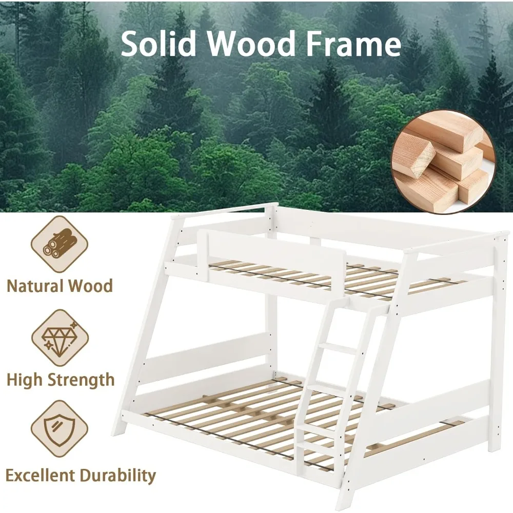 سرير خشبي مزدوج فوق سرير بطابقين كامل مع سلم قابل للعكس، وإطار سرير بطابقين خشبي مع دعامة شرائح ودرابزين أمان،