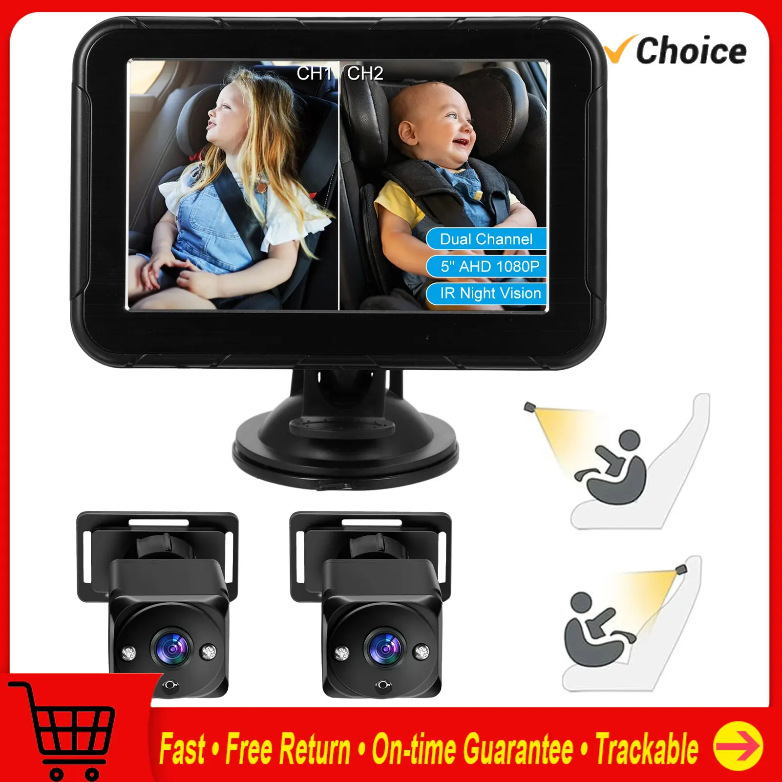 

Детская автомобильная камера, двухканальная, 5-дюймовая, 1080P, автомобильная детская камера с 2 ИК-камерами ночного видения и 150 ° Широкий угол обзора
