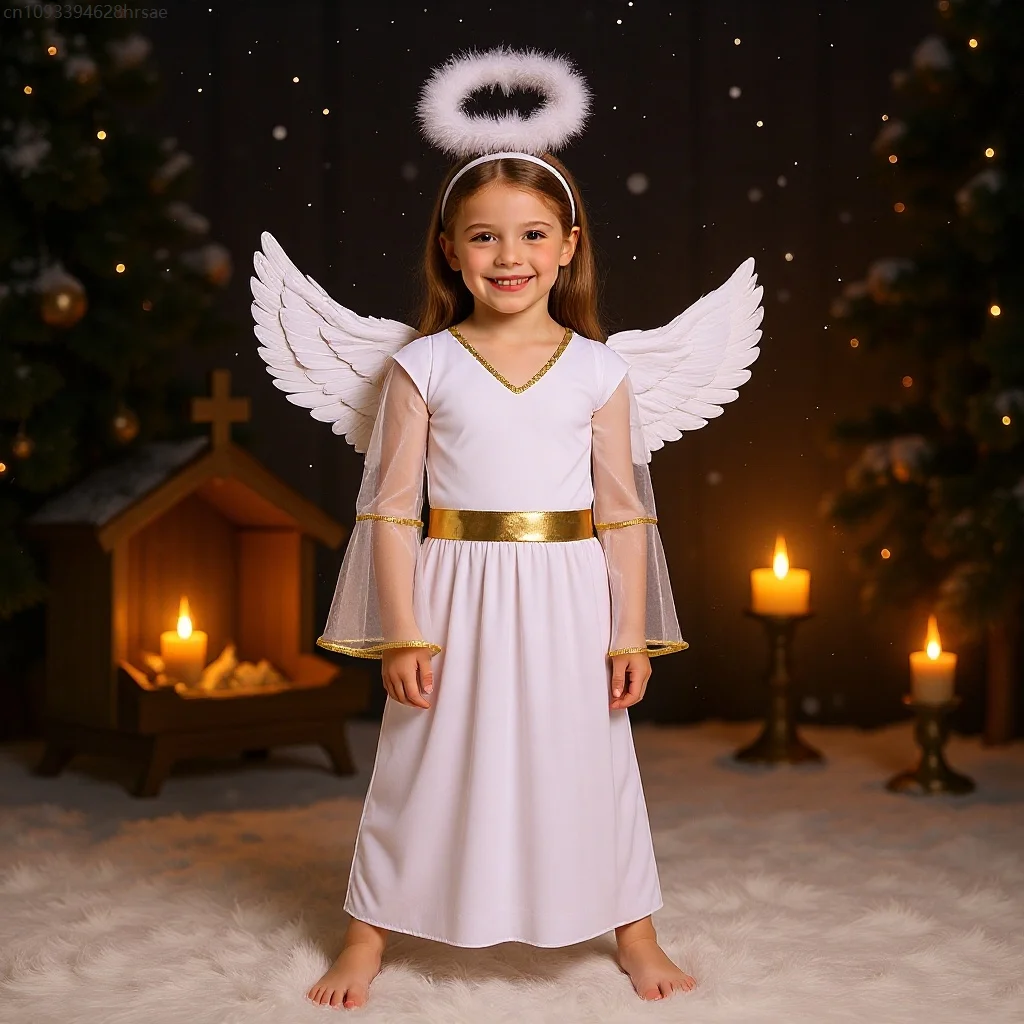 

White Angel Costume Theme Party Long Bell Sleeve Dress Gown with Wings Set for Mädchen Stage Performance Church Dress Up