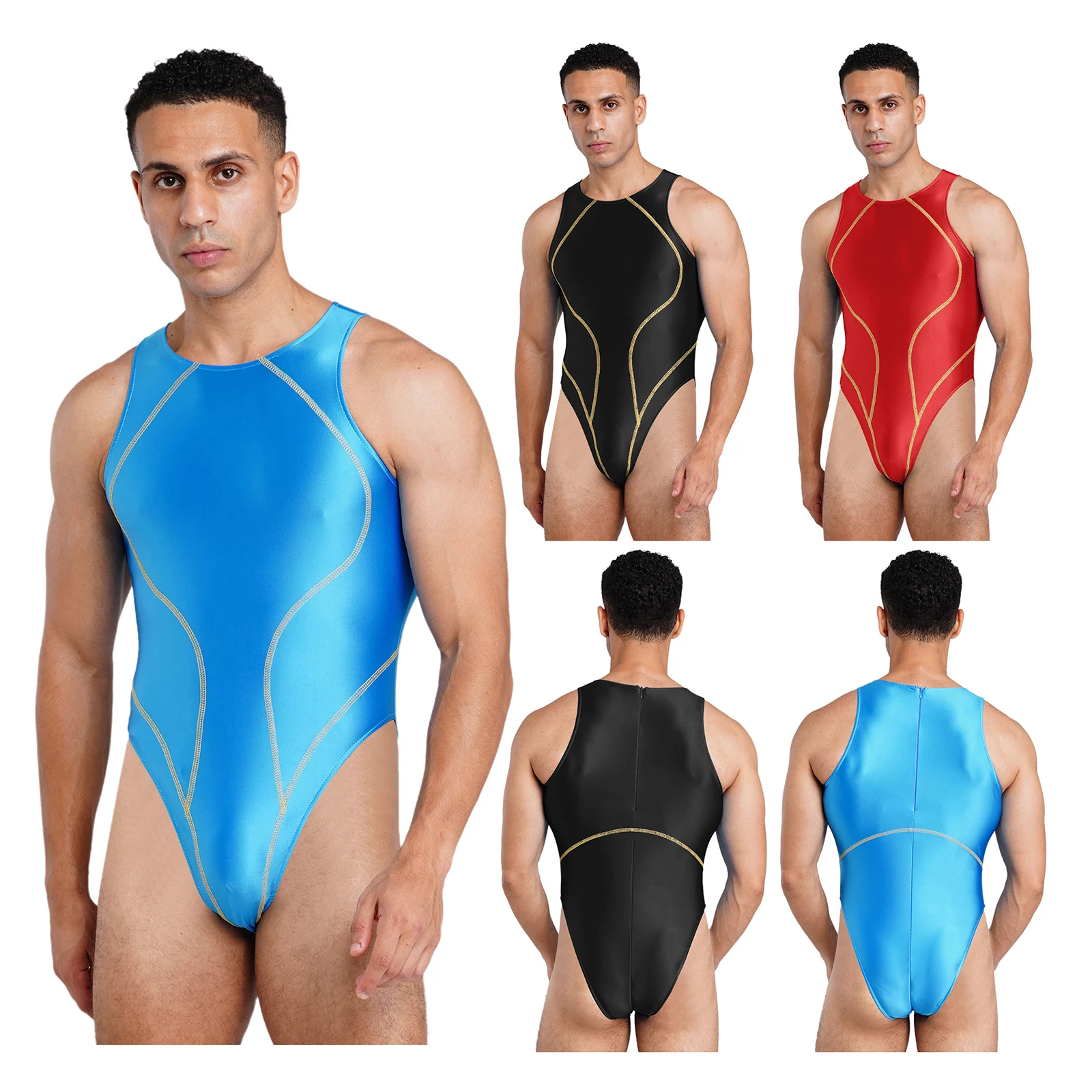 Mens Oil-shiny One Piece Swim Leotard Color Blocking Seams Sleeveless High Cutting Bodysuit Swimwear for Beachwear Sunbathing