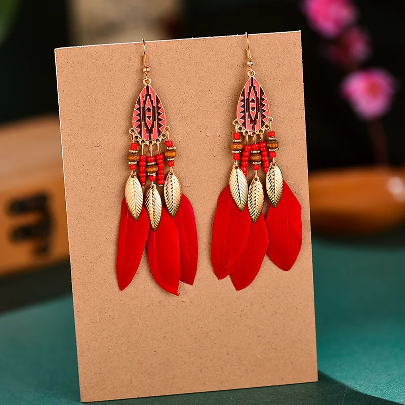 1Pair Bohemian  Tassel Dangling Earrings Colorful Feather Leather Stud Earrings Indian Feathers Summer Womens Fashion Jewelry