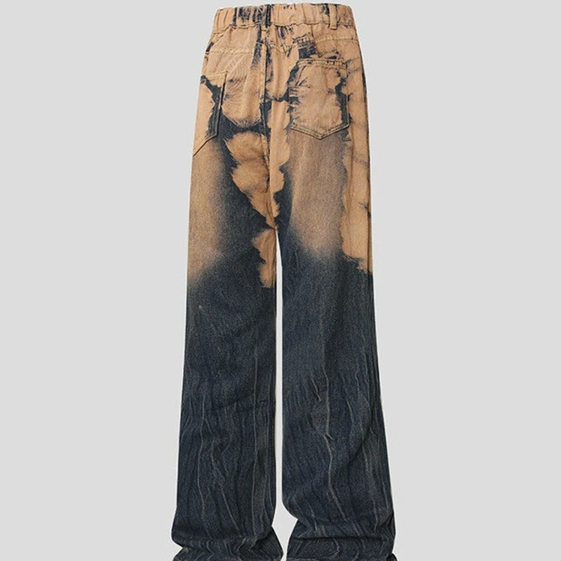 Mens Jeans Tie Dye Gradient Print Washed Denim Pants Harajuku Unisex Loose Fit Straight Leg Vibe Streetwear Fashion Trend New