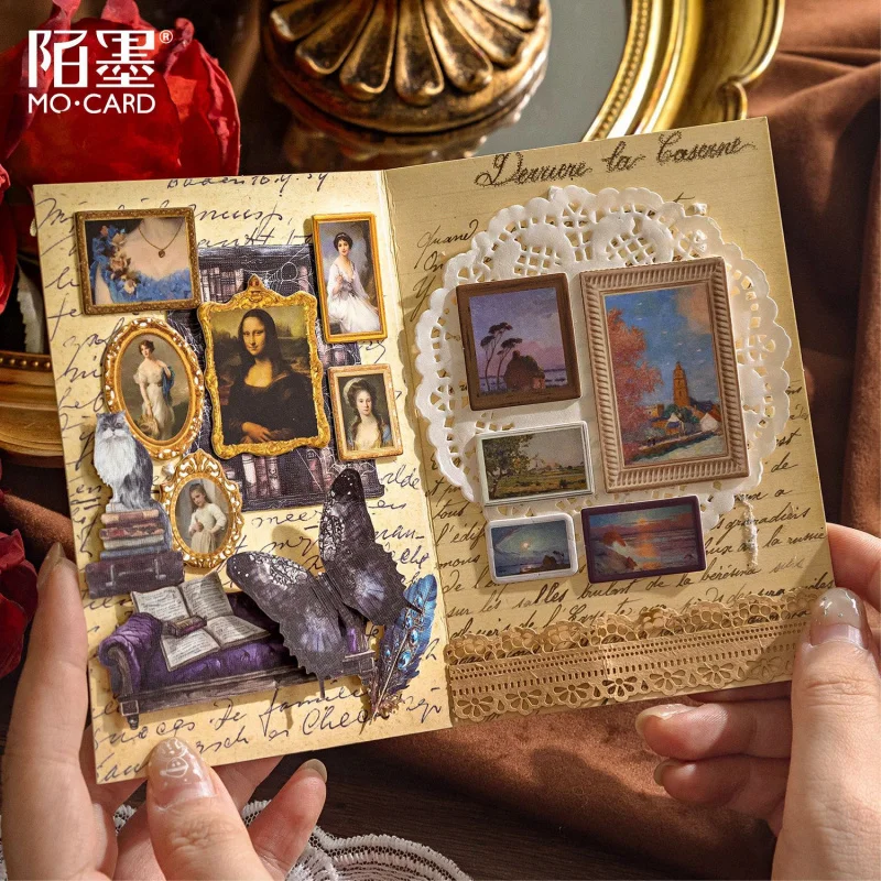 قطعتان من الملصقات المسطحة ذات الطلاء الزيتي الشهير، والمطبوعات الفنية الكلاسيكية وتفاصيل عالية الوضوح، ذاتية اللصق للمجلة DIY