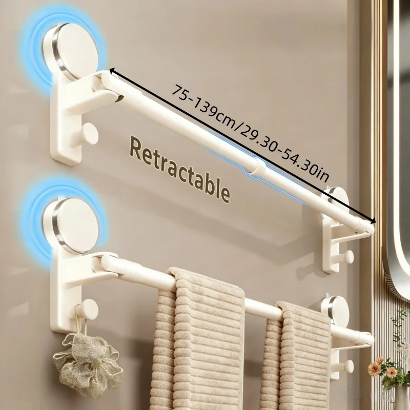 Wall Mounted Storage Rack, Suction Retractable Towel Bar, Drill-Free Bath Towel Holder, Bathroom Towel Hanging Rod Organizer