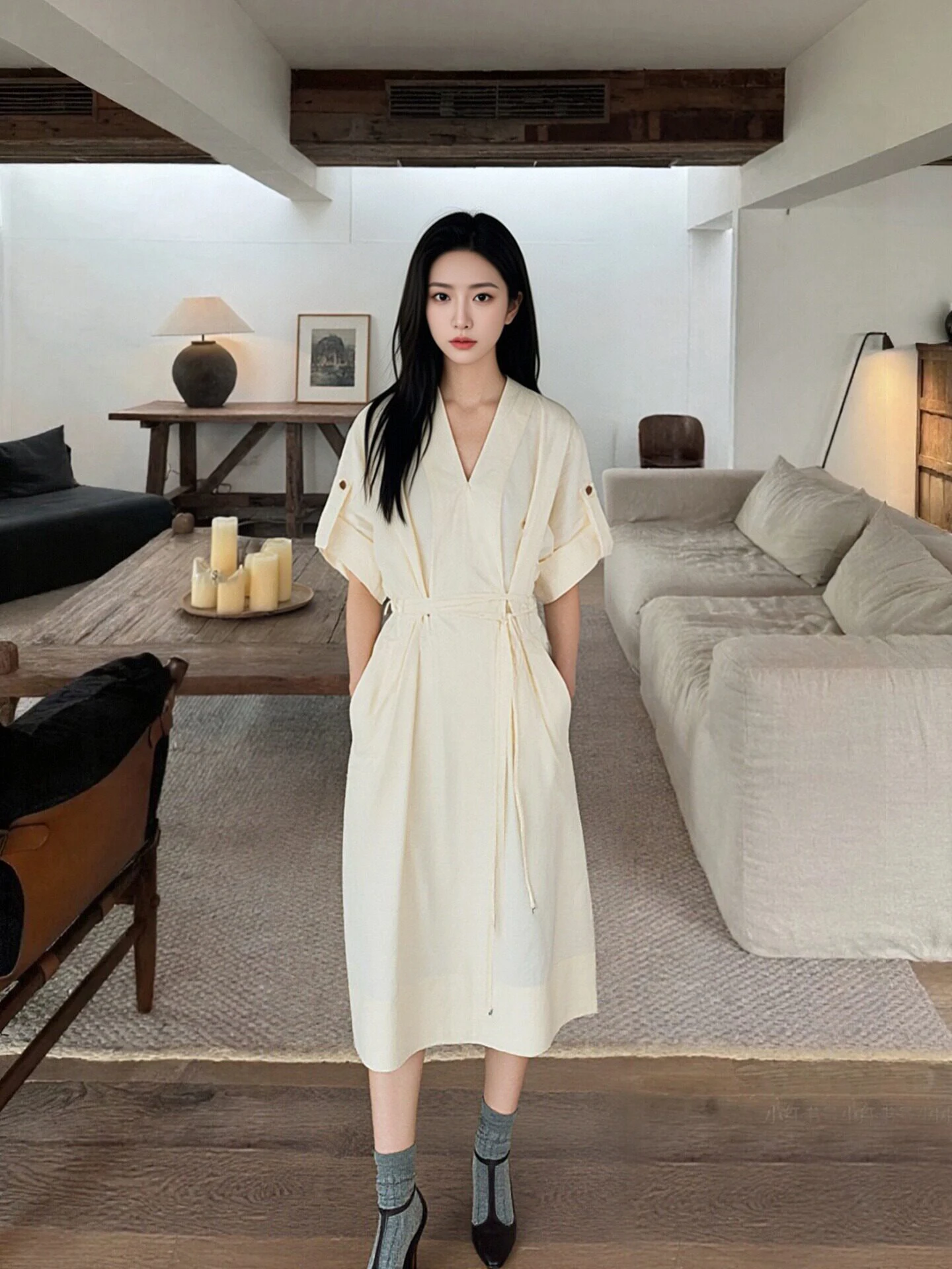 

Elegant Belted Shirt Dress Women's Spring 2026 Cotton Blend Short Sleeve V-Neck City Commute Casual Wear Nzyli