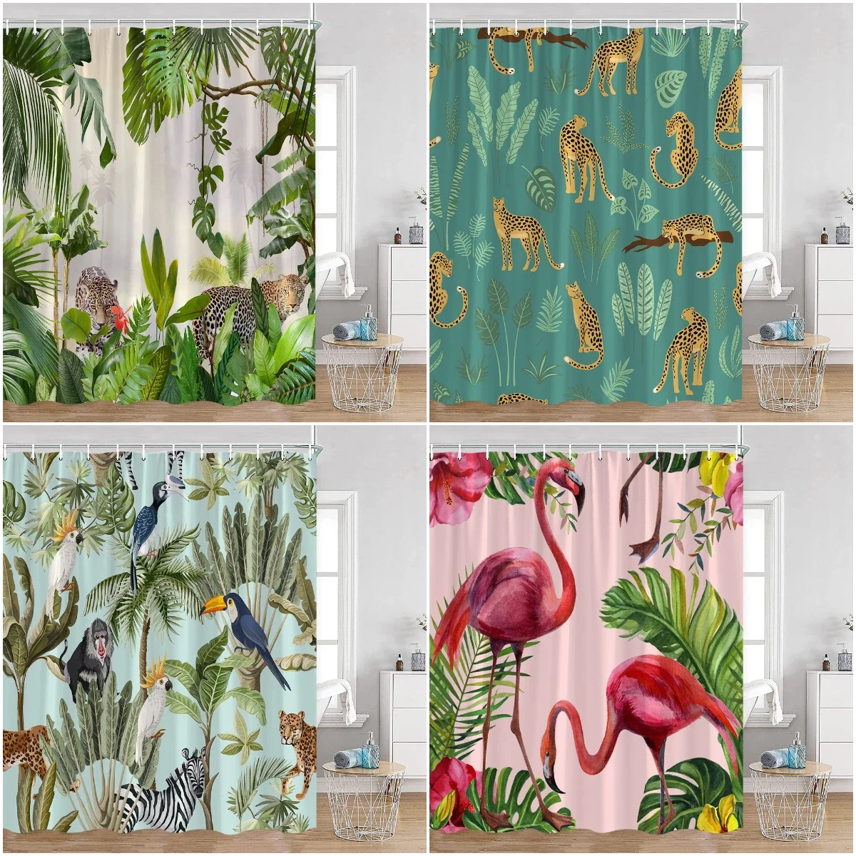 Tropical Animals Shower Curtains Leopards Wildlife Flamingo Parrot Zebra Green Plants Palms Leaves Bathroom Curtain Bath Decor