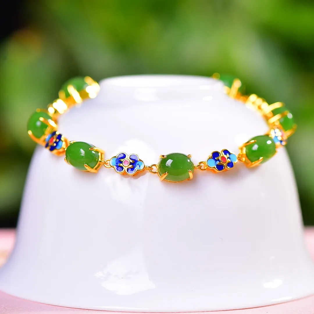 Upscale Silver inlaid Hetian jade jasper enamel cabochon bracelet  silver bracelet  jade bracelet bangle bangles for women