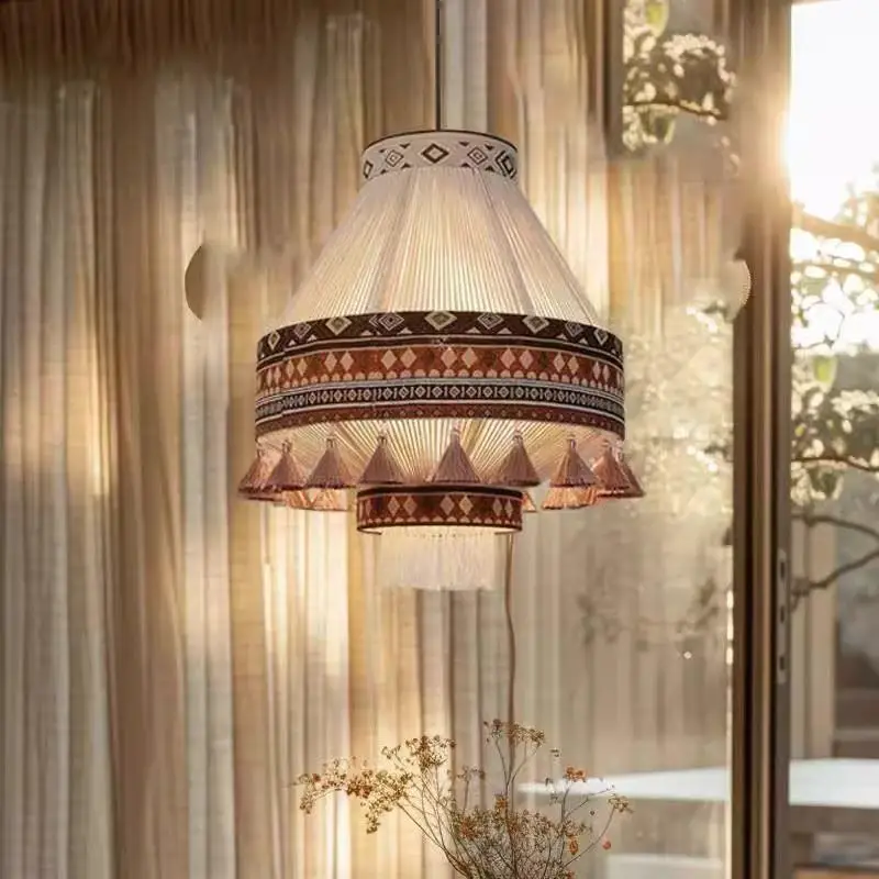 Bohemian Retro Woven Tassel Pendant Light Vintage Rattan Hanging Lamp Wabi Sabi Creative Living Room Restaurant Chandeliers