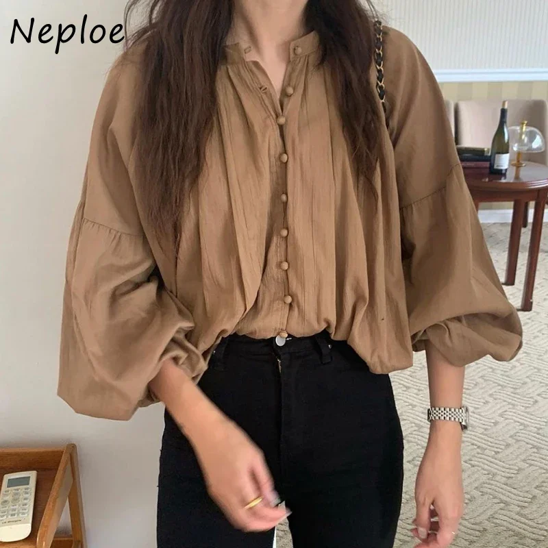 Neploe French Retro Single-breasted Blouse Shirt Woman Lantern Sleeve Design Casual Women Tops Loose Versatile Solid Color Top