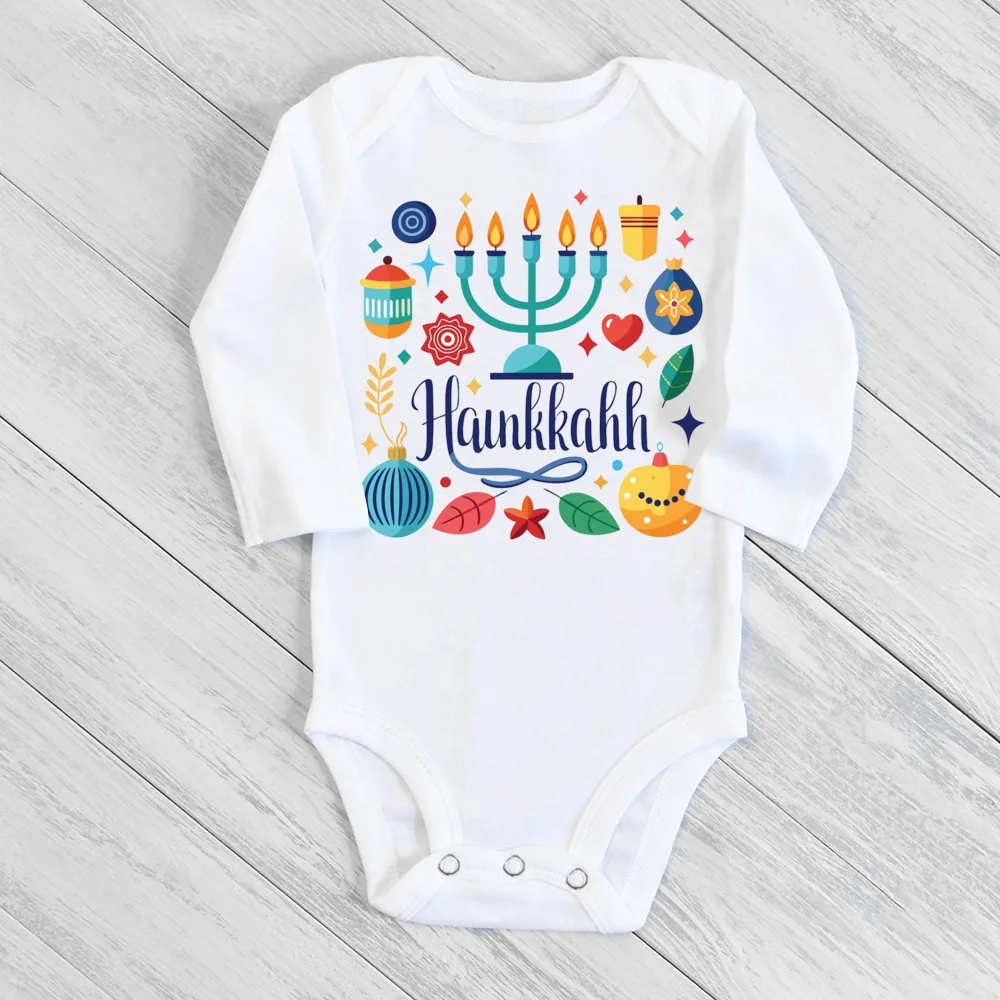 Happy Hanukkah Rainbow Printed Baby Bodysuit Chanukah Newborn Outfit Jewish Holiday Infant Clothes Toddler Long Sleeve Romper