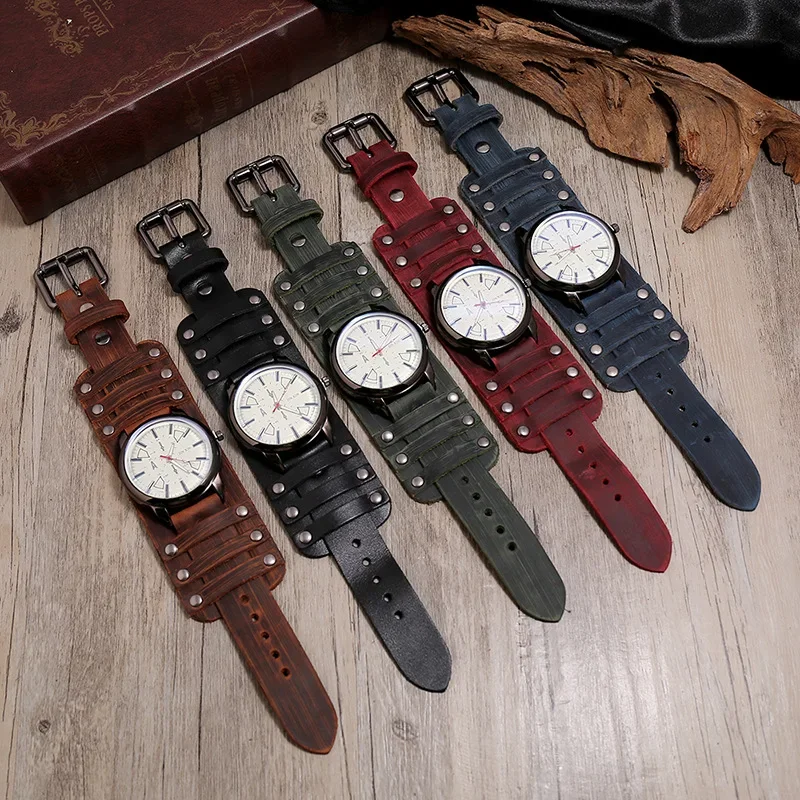 Top Luxury Mens Watch Bracelet Quartz Big Dial Clocks Vintage Punk Style Sport Brown Leather Strap Male Gifts Relojes Hombre