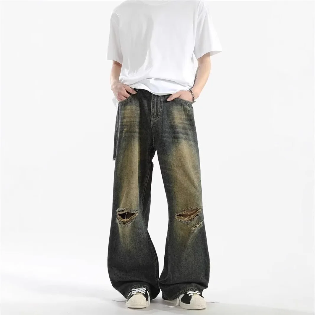 

Mens Ripped Jeans,Distressed Destroyed Slim Fit Straight Wide Leg Denim Pant with Holes Distressed Mud Wash Jeans