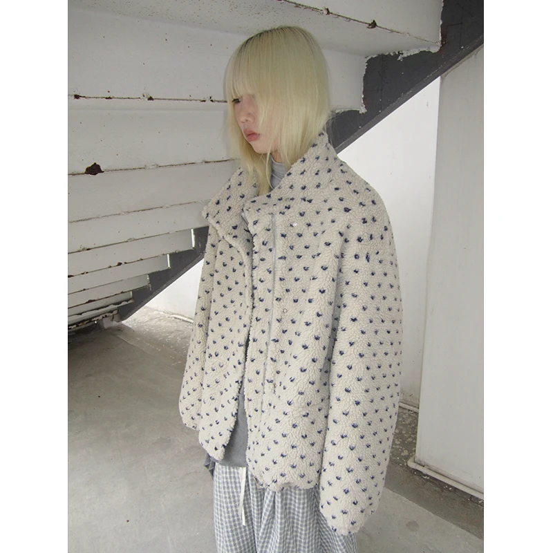 

Lamb Fur Jaet Spring Autumn New Sle Korean Lazy Sle Small Batch Polka Dot Embroidery Loose Versatile Women's Coat