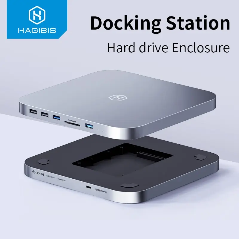 Hagibis-Hub USB C com Gabinete de Disco Rígido, Docking Station Tipo C, 2.5 SATA, NVME M.2 SSD Case, 4K DP, USB 3.0, M1, M2 para Mac Mini, Mini