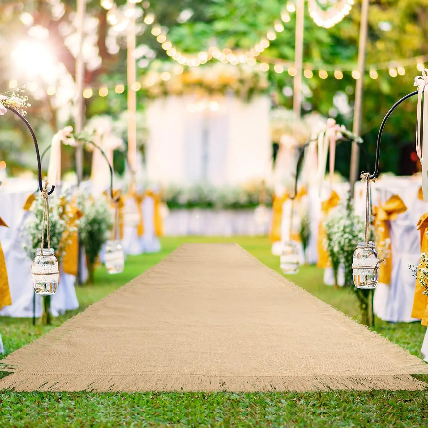 Jute-Hochzeits-Gangläufer mit Fransenrand, Zeremonie, Runway-Teppichrolle für drinnen und draußen, Hochzeit, Party, Brautparty – Detail 10