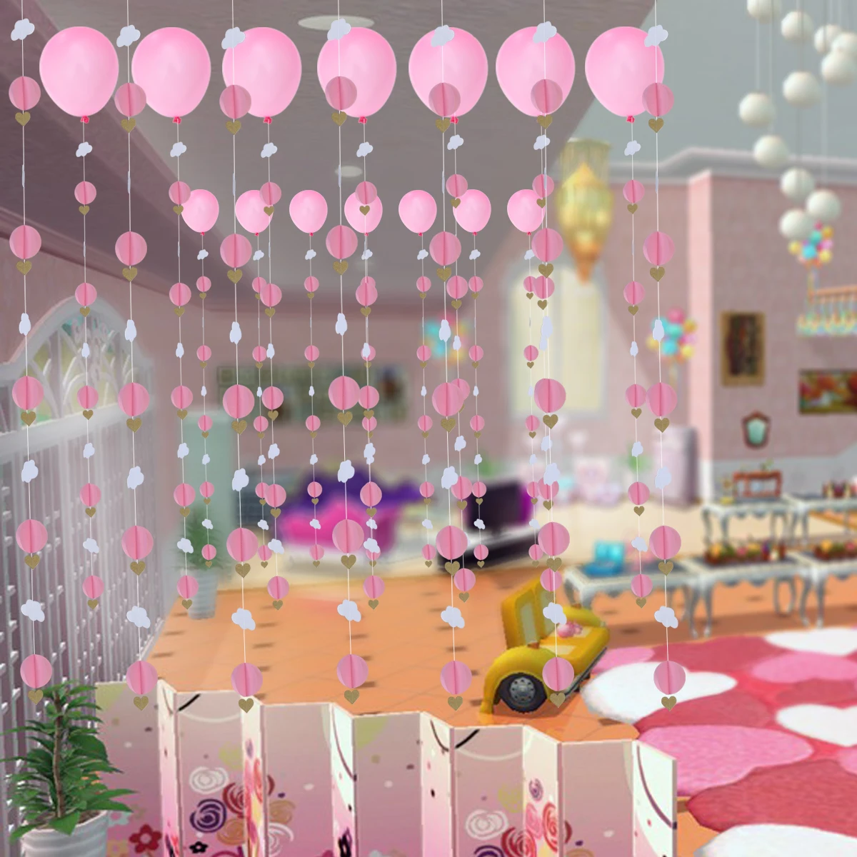 

Pink Anniversary Hanging Baby Birthday Decorations 3D Clouds Hearts Kids Birthday Party Banners Flags Room Wall Decor