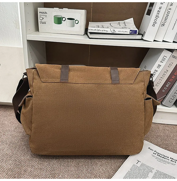 Retro Canvas Crossbody Messenger Bag Large Capacity Multi‑Compartment Adjustable Strap Satchel Bag for Outdoor Travel Daily Use
