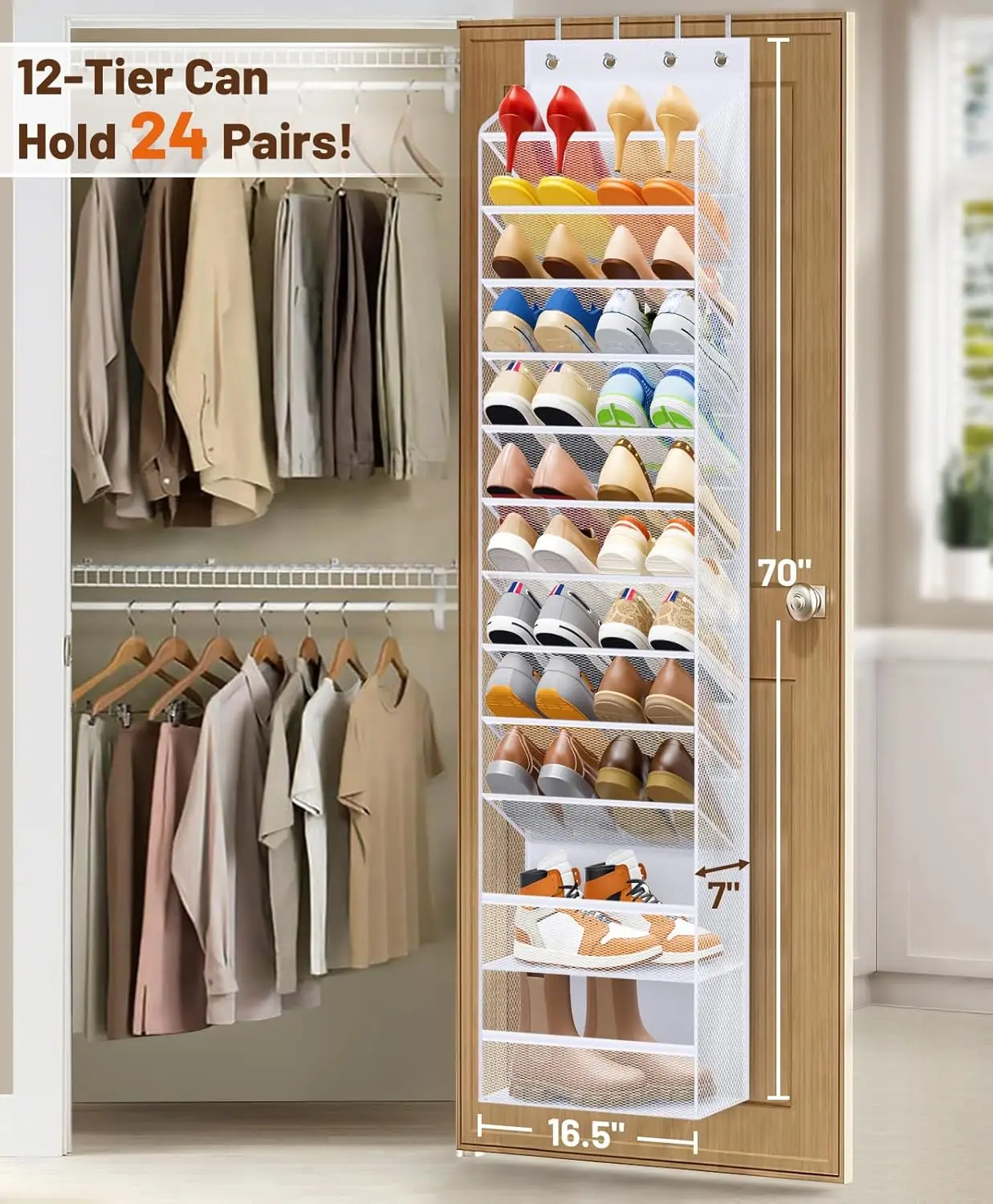 12-Tier Over Door Shoe Rack, Holds 24 Pairs, Space-Saving, White - view 2