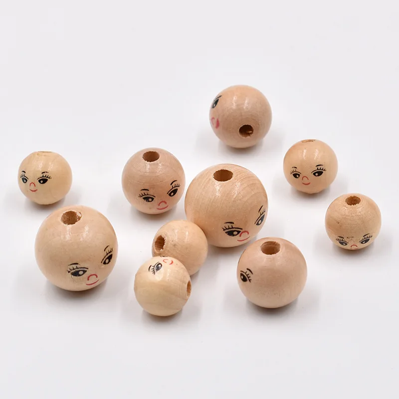 50PCS/Set Raw wood colored smiling face doll head wooden bead round wooden bead loose bead DIY bead accessories