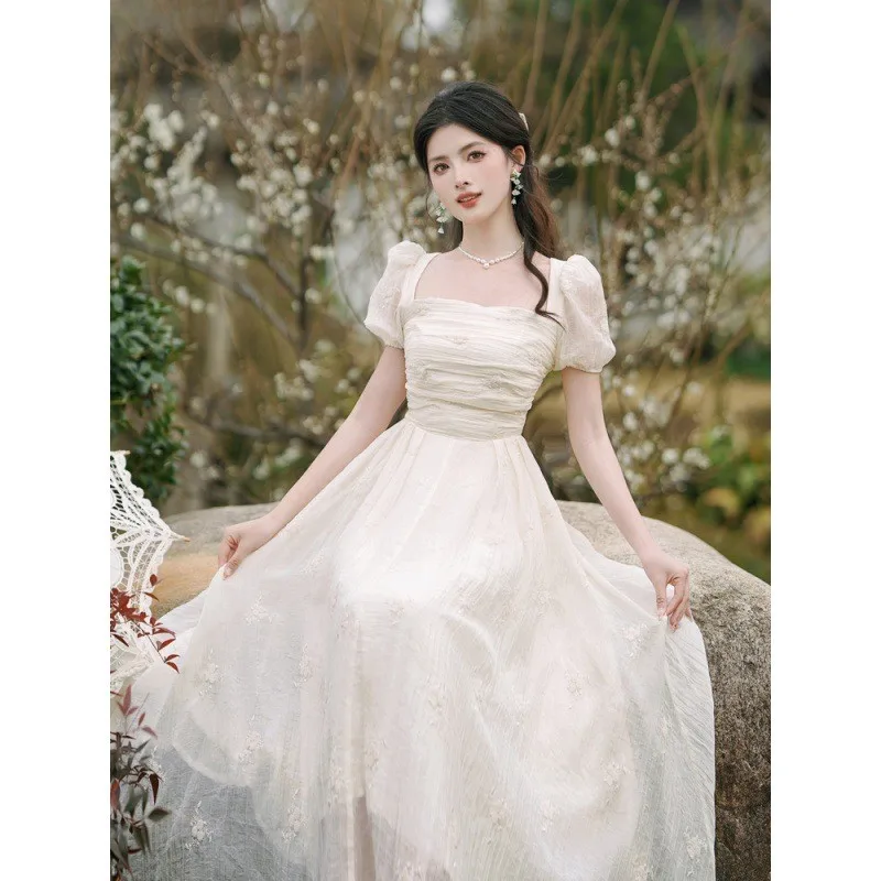 

Женское летнее платье с вышивкой, квадратным вырезом, приталенное, с завышенной талией, А-силуэт, в стиле феи, для чаепития