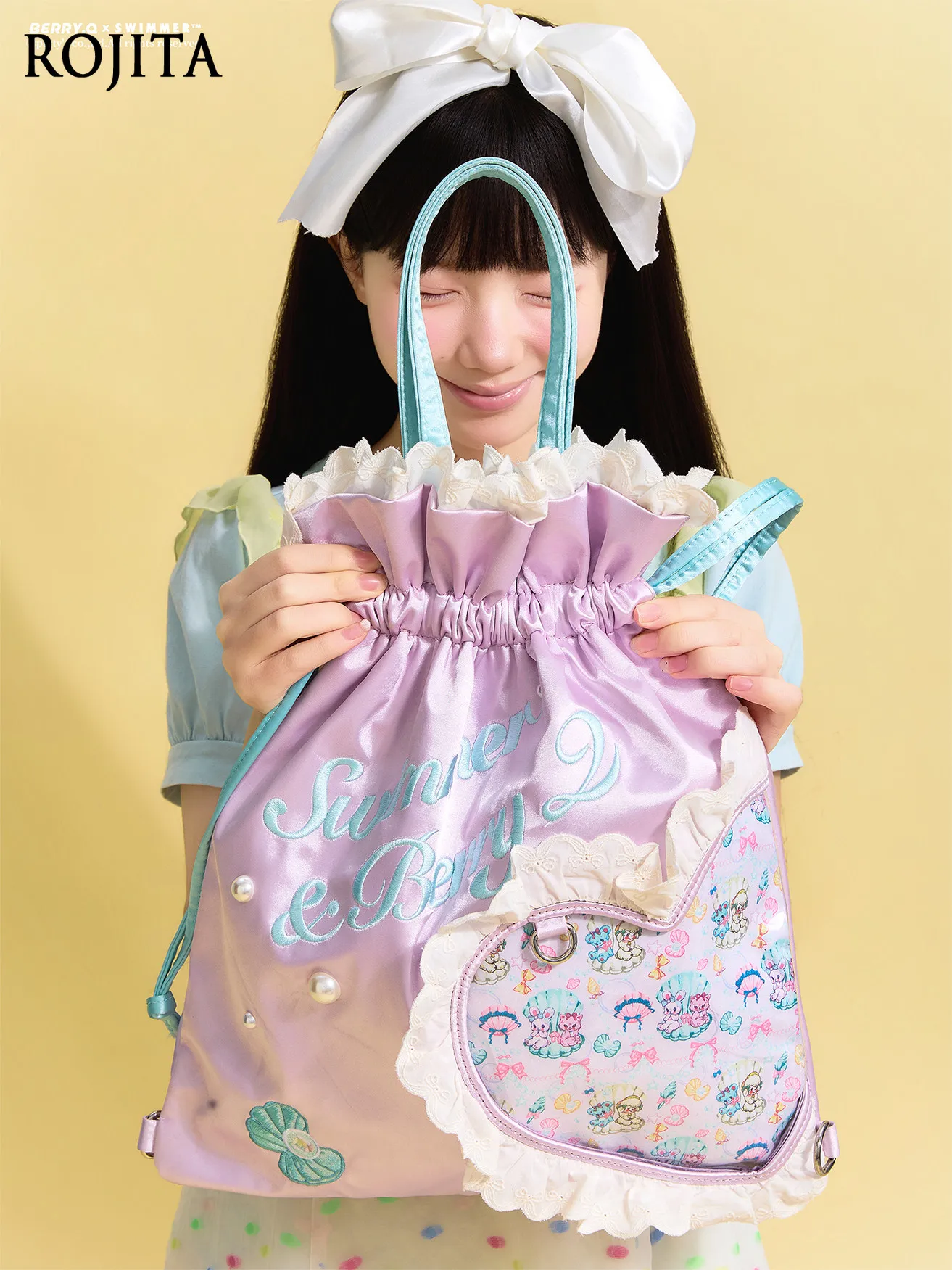 Drawstring Pain Bag Double Shoulder Satin Embroidery Large Capacity Lightweight Lolita Girl Cute Japanese Style Drawstring Bag
