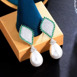 CWWZircons Rhombic Unique Green Cubic Zirconia Crystal Dangly Drop Long Pearl Bridal Wedding Engagement Earrings for Women CZ518