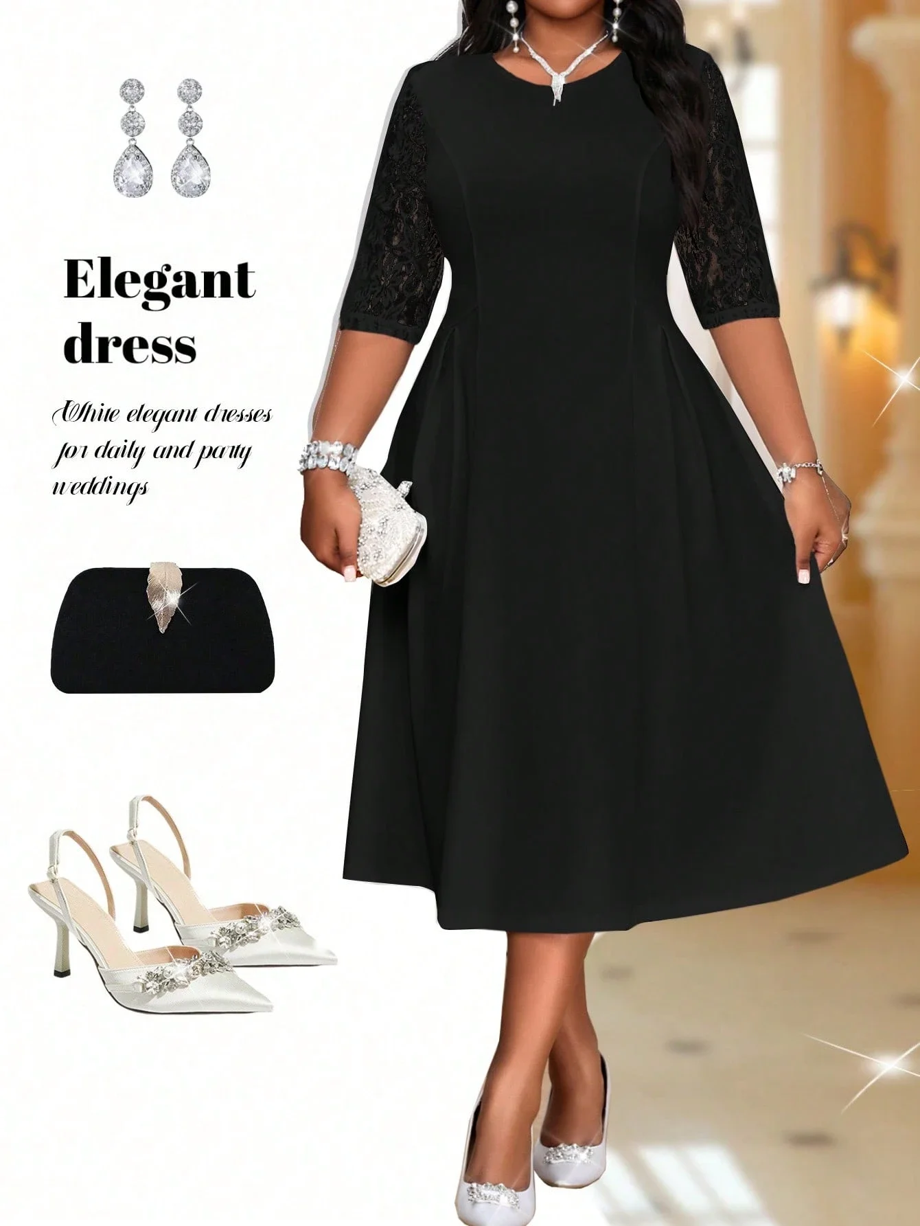 

Элегантное черное кружевное платье А-силуэта с круглым вырезом и рукавами для женщин