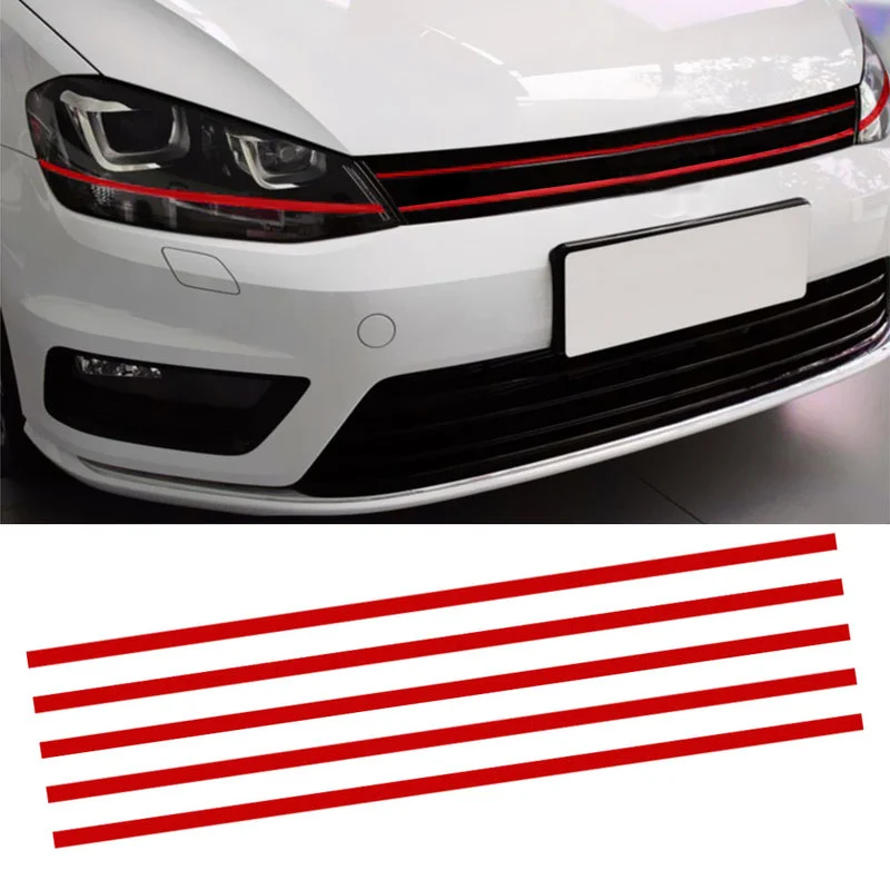 5pcs Red Car Stickers Reflective Strips Front Hood Grille Mouldings Auto Grille Decorative Sticker Waterproof Car Accessories