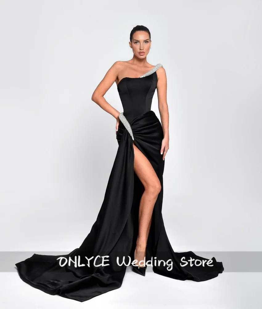 

Elegant Black Satin Mermaid Party Dresses Beading Crystals Robe Evening Dress Birthday Luxury Dress 2024 Customized