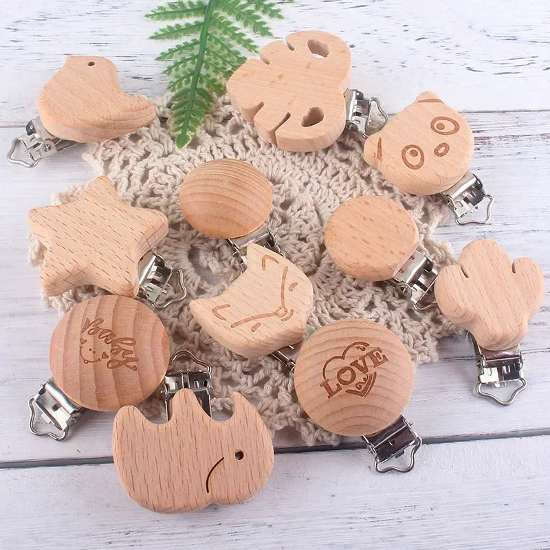 1 Teile/los Holz Schnuller Clips Buche Baby Nippel Dummy Halter Clip DIY Zubehör Modellierung Elefant Vogel Bär AnimalStar Herz