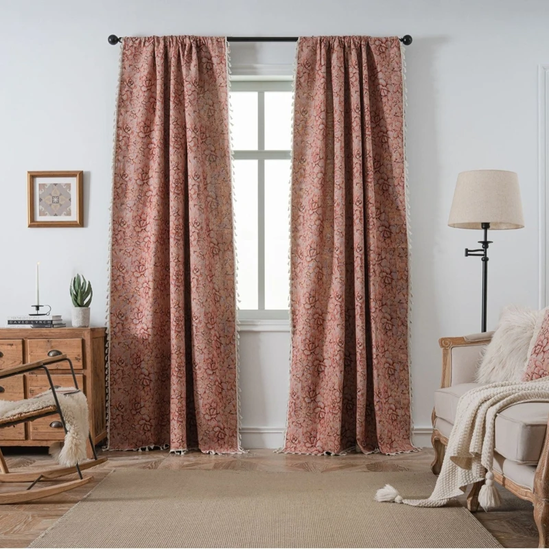 American Style Finished Curtains Pink Succulent Flower Jacquard Fringe Curtain Bedroom Living Room Semi-blackout Decor Valance