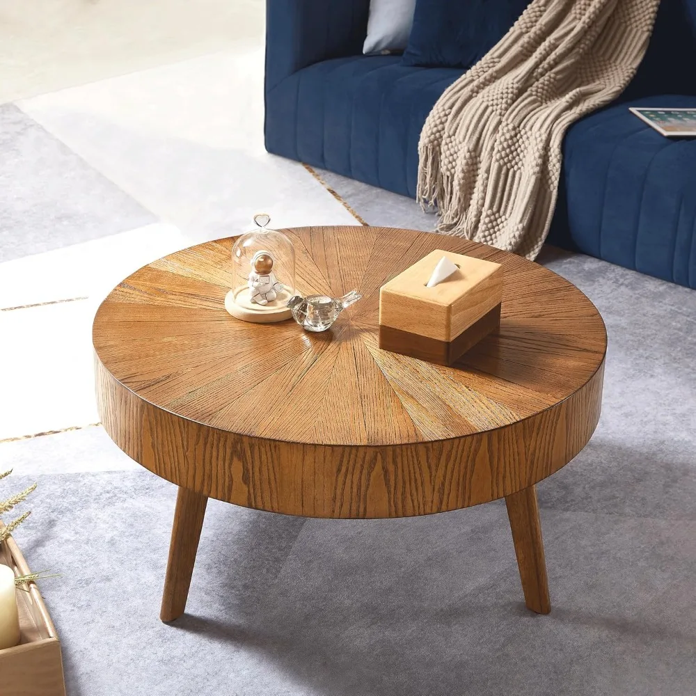 

Round Wood Coffee Tables for Living Room, Farmhouse Circle Coffee Table, Mid Century Wooden Rustic Coffee Tables for Apartment,