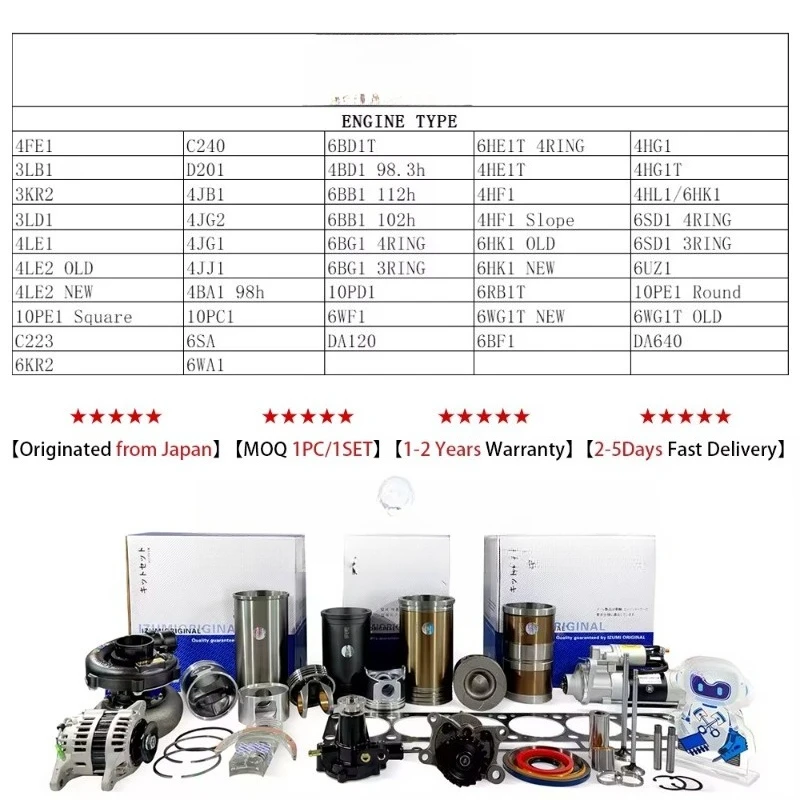 Original Piston Liner Kit 4HF1 4HK1 4HG1 4BE1 4JG2 4BD1 6HH1 Cylinder Piston Ring Engine Spare Part Repair Kit for Isuzu