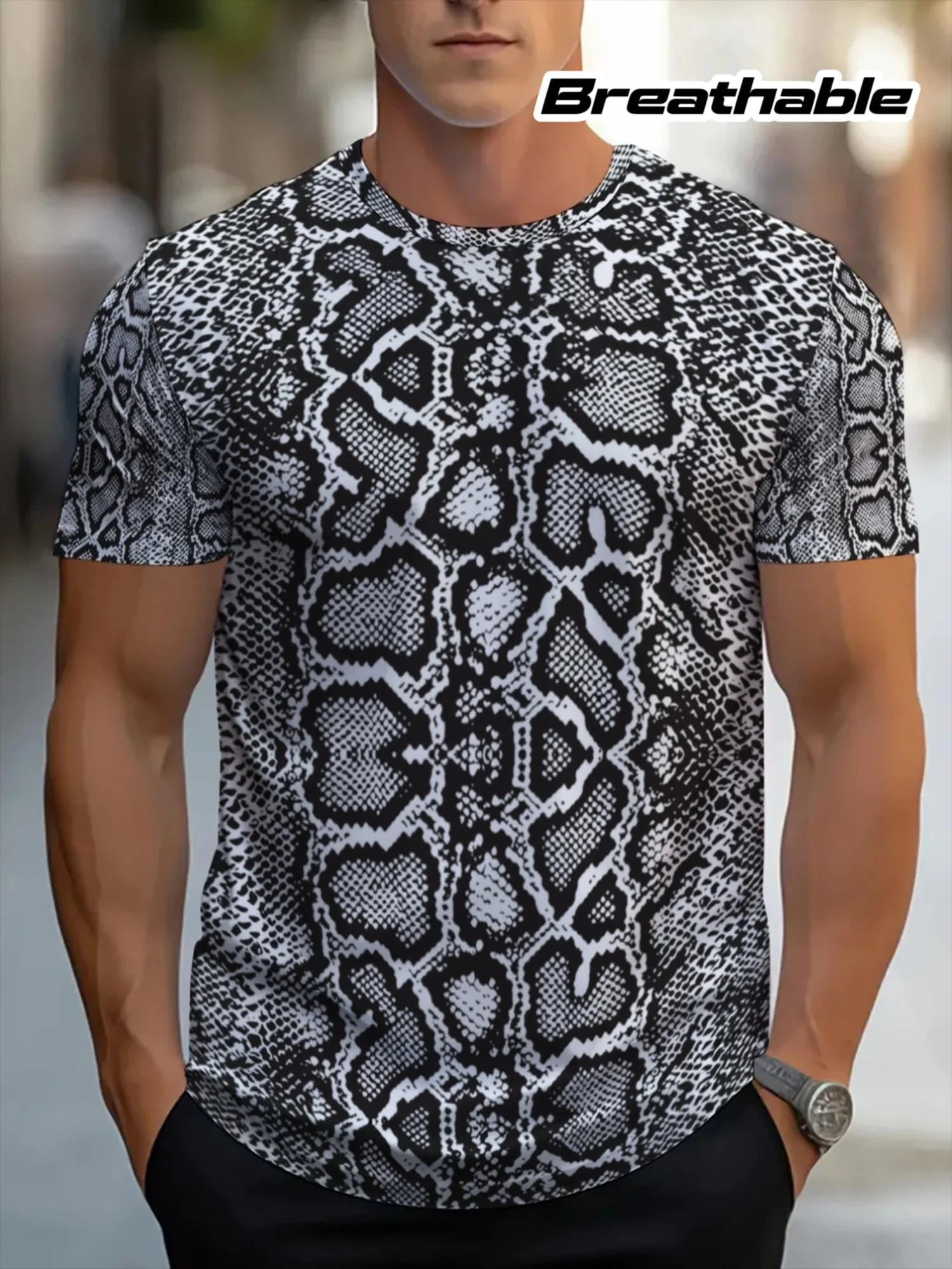 Herren 3D-Druck T-Shirt Schwarz-Weiß Schlangenhaut-Print O-Ausschnitt Kurzarm Atmungsaktives Sommer-Streetwear-Shirt – Detail 1