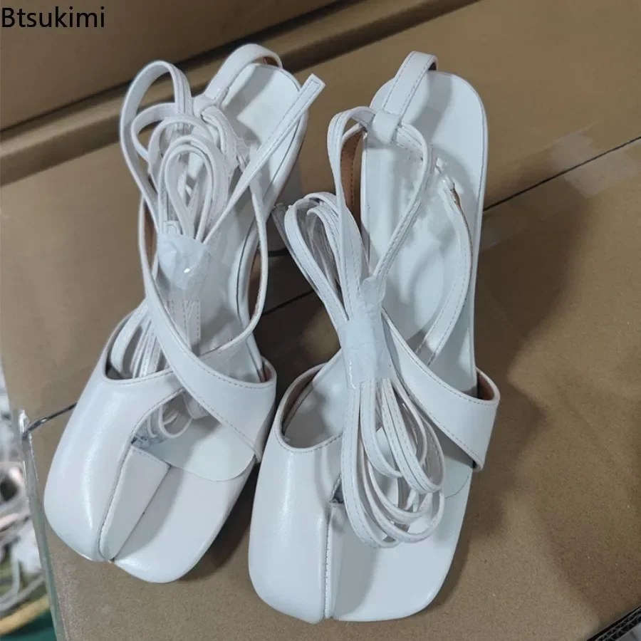 2025 Mode Nieuwe Matte Lederen Tabi Sandalen voor Vrouwen Zomer Lace Up Open Teen Hoge Hak Sandalen Nieuwigheid Ontwerp Chic Vrouwen Schoenen