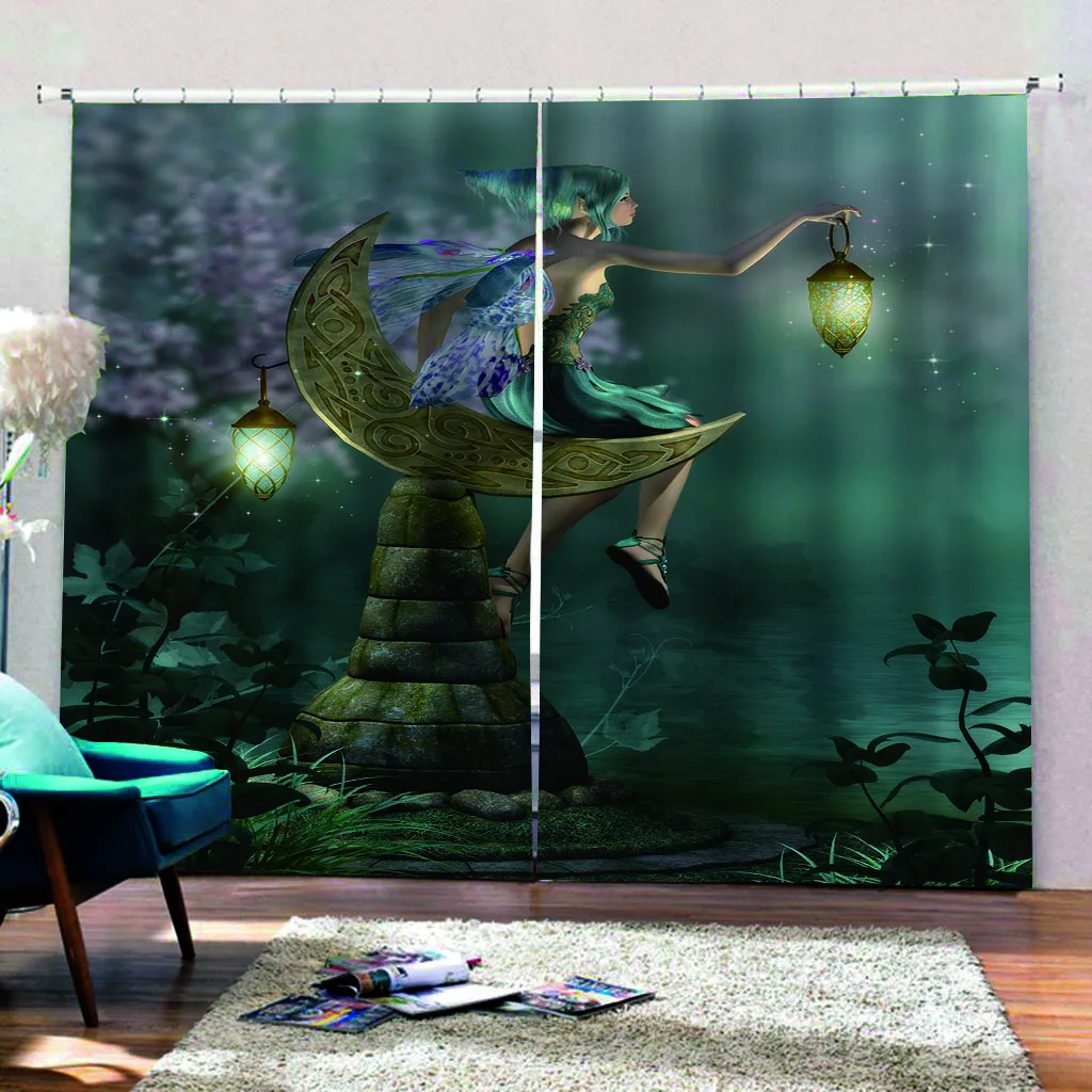 

Green Forest Elf Lantern Curtains for Bedroom Window, Fabric Curtain for Living Room, Left and Right Biparting, Open 2Panel