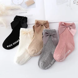 5-Pair girls' autumn mid tube socks with solid color and large bow decoration, grip and anti slip, fashionable socks for girls