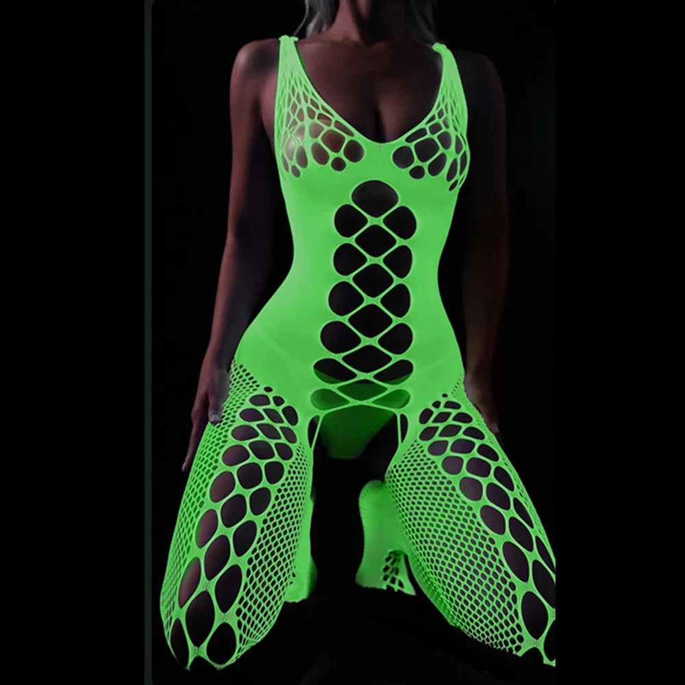 Glow In The Dark Fishnet Stockings Leggings Shining Perspective Light One-piece Luminous Suspenders Mesh Clothes Fishnet Socks