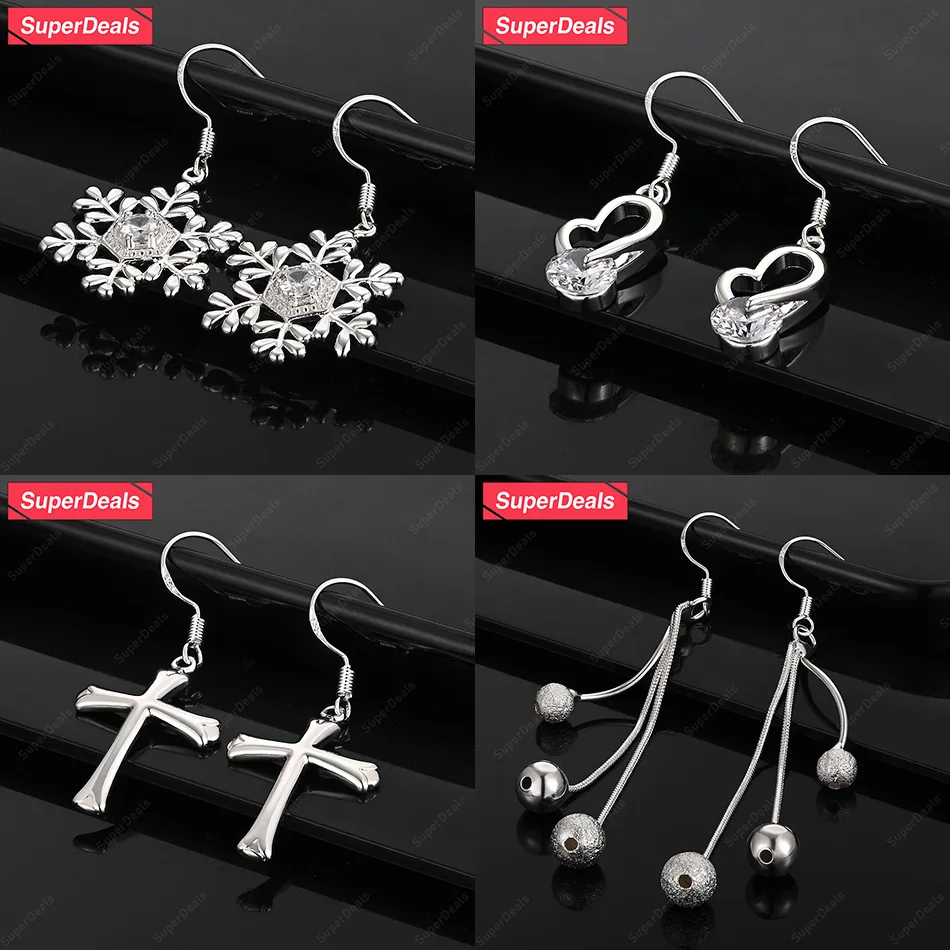 

SuperDeals 925 Sterling Silver Snowflake Heart Cross Drop Earrings Women's Exquisite Jewelry Earrings Anniversary Party Gift