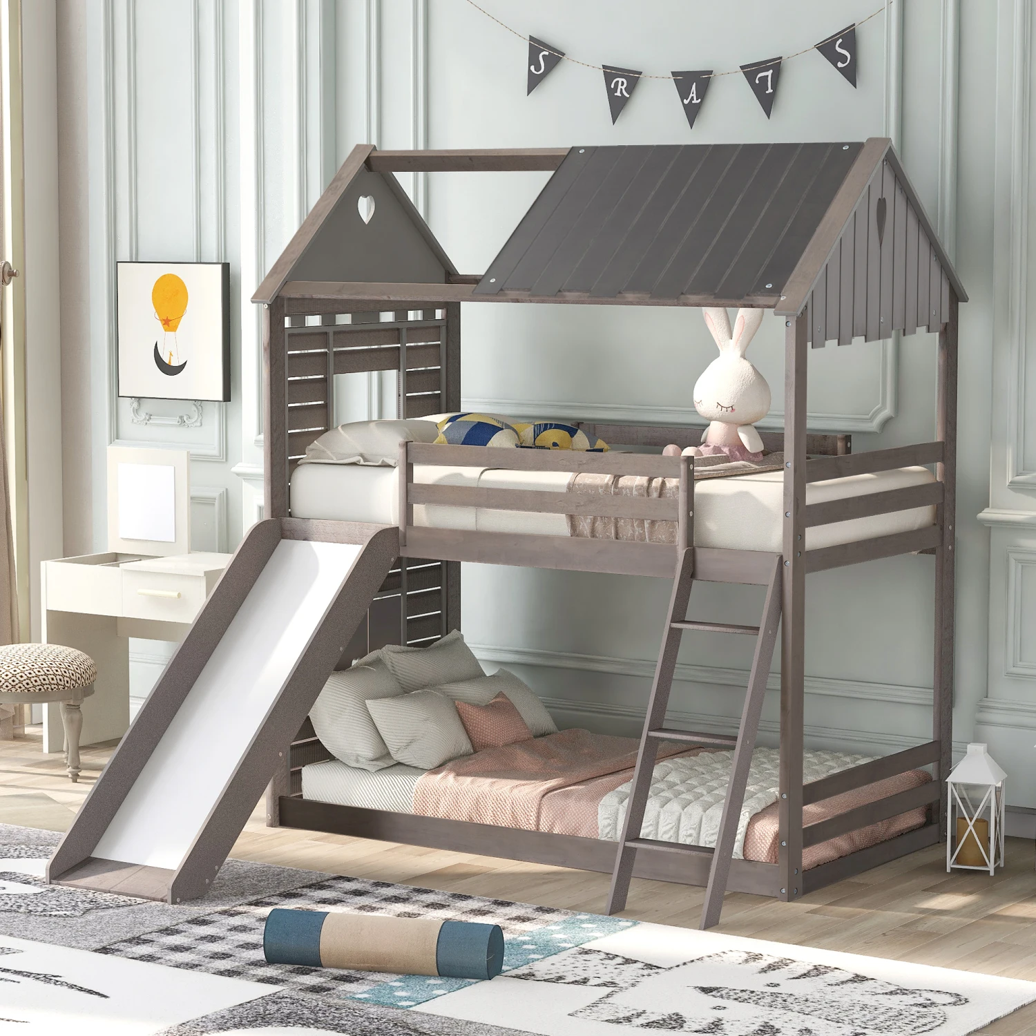 

Twin Over Twin Bunk Bed Wood Bed with Roof, Window, Slide, Ladder ,Antique Gray(OLD SKU LP000059AAE)