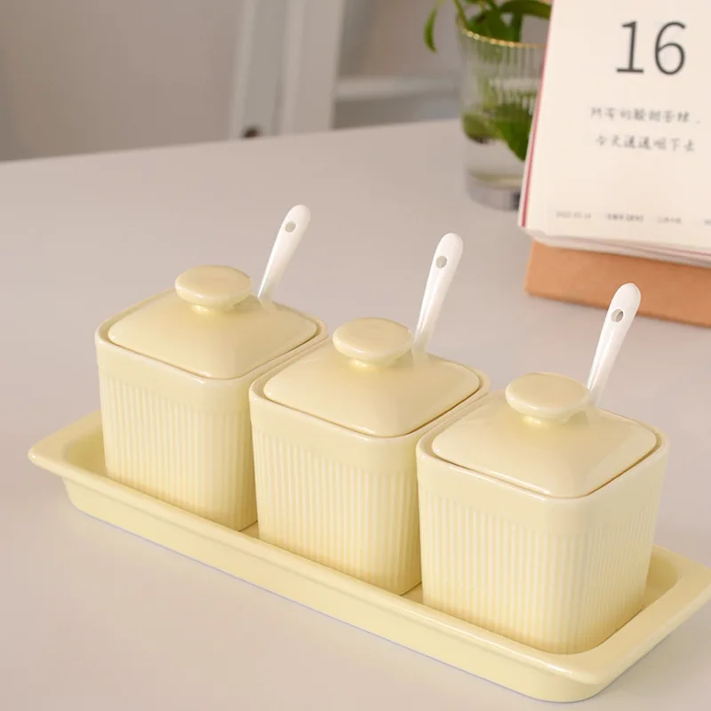 Macaron Color Ceramic Seasoning Jar Set Kitchen Spice Container Salt Pepper Shaker Bottle With Lid And Spoon Condiment Pot