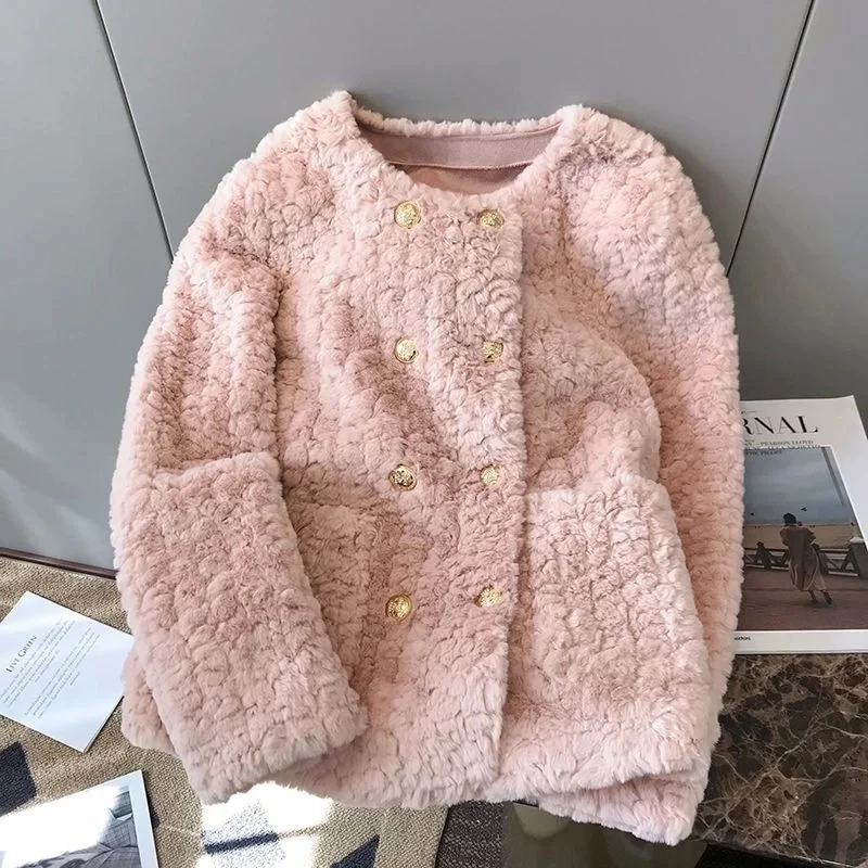 

2024 Spring Autumn Female Pink Lamb Hair Jacket Small Fragrant Wind Imitation Fur Coat O-Neck High End Fashionable Outerwear