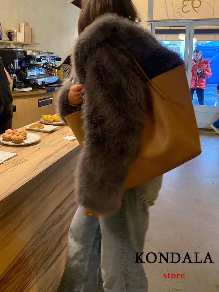 KONDALA Vintage Gray Fur Thick Jackets Women Long Sleevel O Neck Faux Leather Fur Coats Fashion 2024 Winter Party Evening Coats