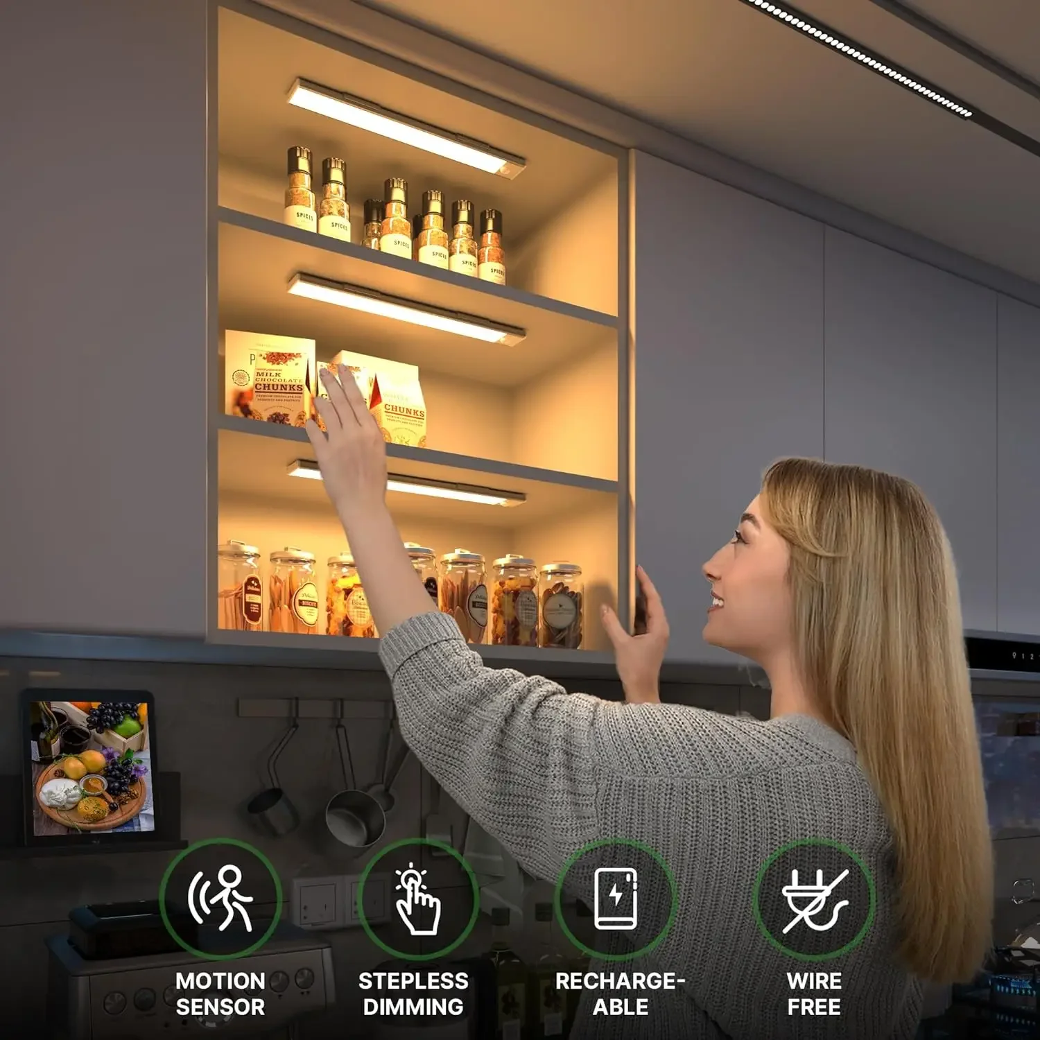 LED Under-Unit Light Kitchen, Dimmable USB Rechargeable LED Motion Sensor Cabinet Lights, 20cm/30CM Under-Unit Strip Lighting