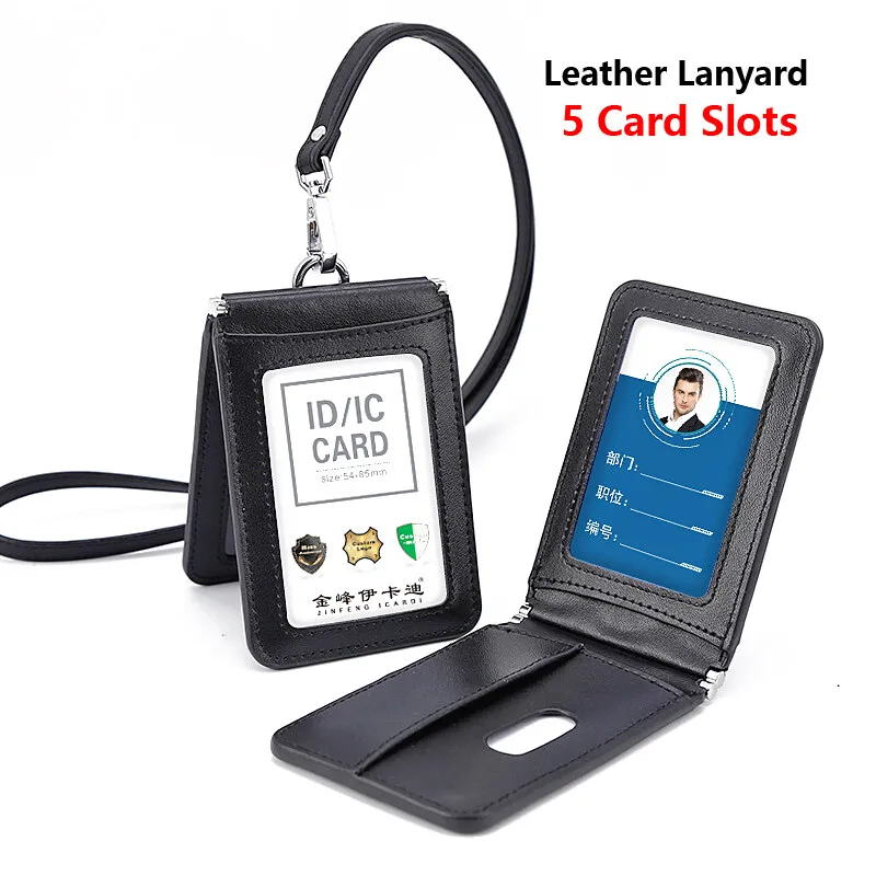 NEW Fashion High Quality Genuine Leather ID Badge Holder Cards Holders with Neck Lanyard Magnet Hasp ID Card Name tag Cases