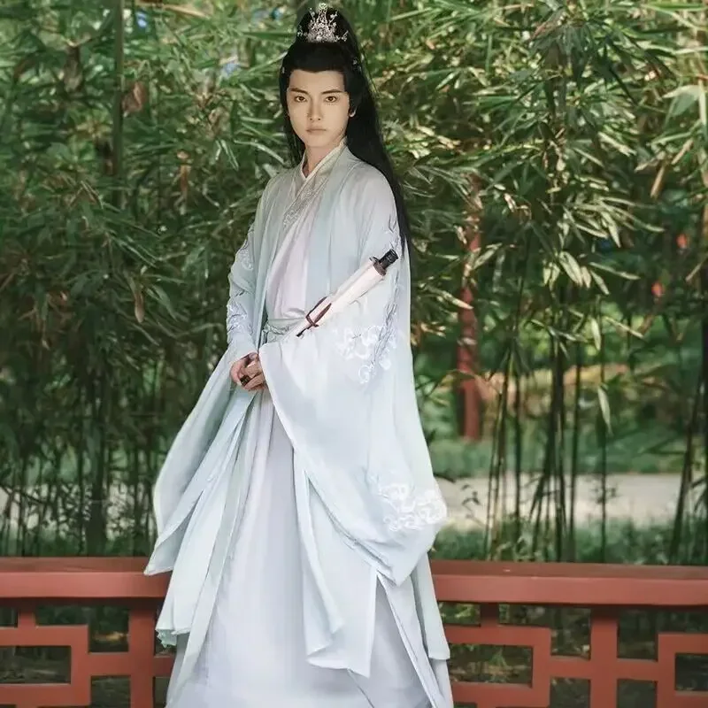 Costume Hanfu Traditionnel Chinois de Grande Taille 3XL pour Homme, Ensemble Chemise et Jupe Bleue et Blanche pour Cosplay d'Halloween