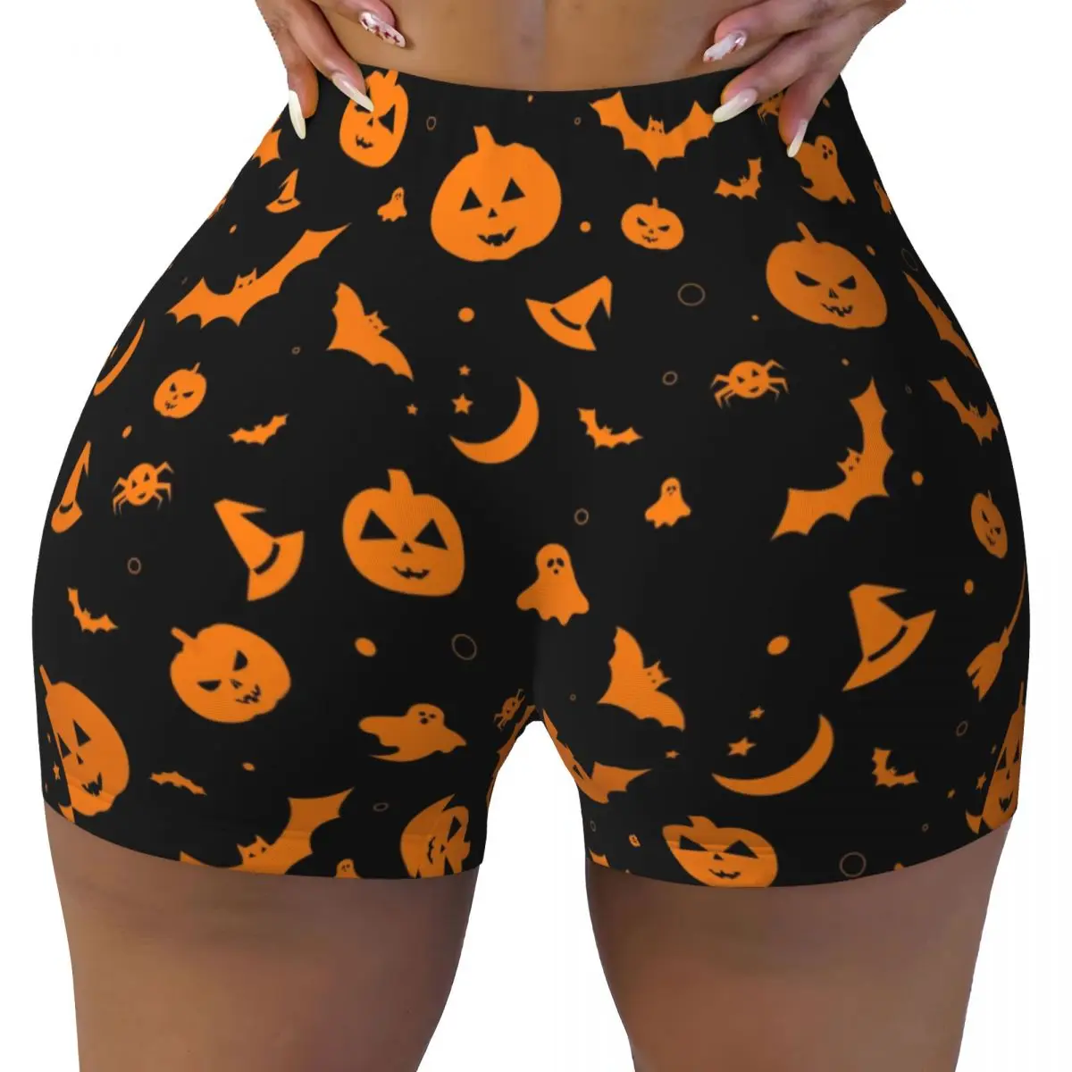 Custom Orange Halloween Pumpkin Ghost Witch Workout Running Volleyball Shorts for Women Gym Yoga Shorts