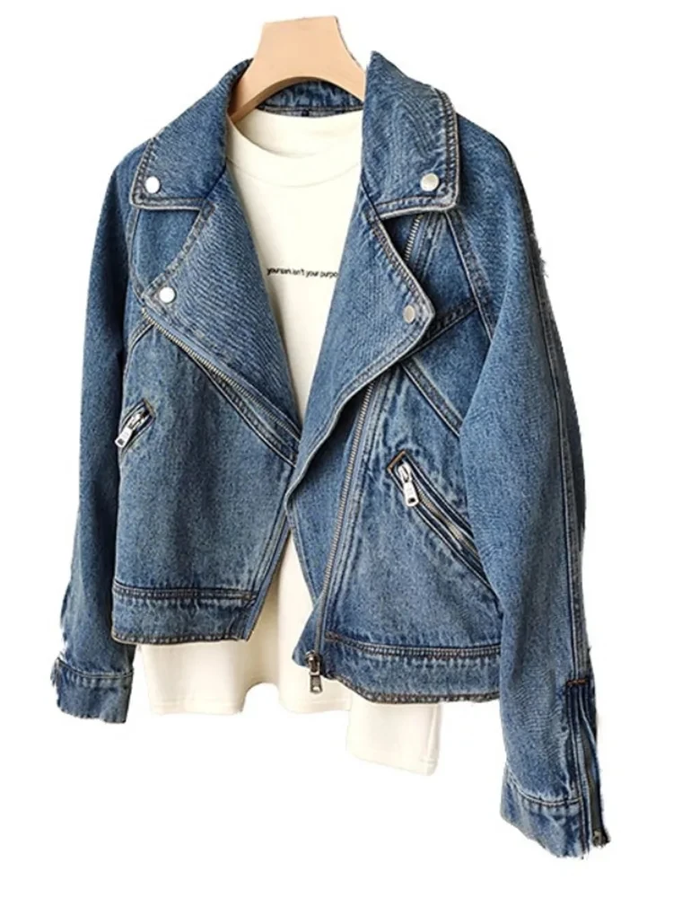 Primavera autunno donna Casual Moto Biker giacca di Jeans Lady Vintage allentato risvolto cerniera tinta unita cappotto corto da Cowboy giacche di Jeans