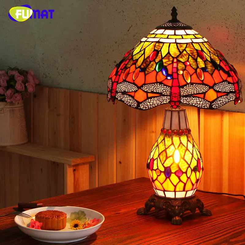 FUMAT European Style Table Lamp For Living Room Pastroal Creative Stained Glass Table Lights Dragonfly Shade Bedside Table Lamps